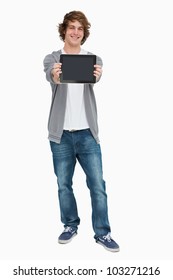 Male student showing a touch pad screen against white background
