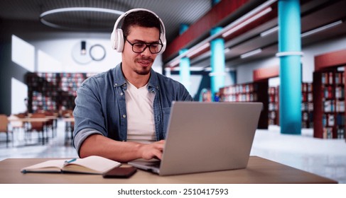 Male Student Studying With Computer Doing Research At Library - Powered by Shutterstock