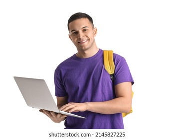 Male Student Using Laptop On White Background