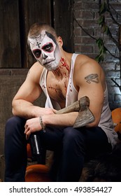 Male Sugar Skull Makeup. Face Painting Art.