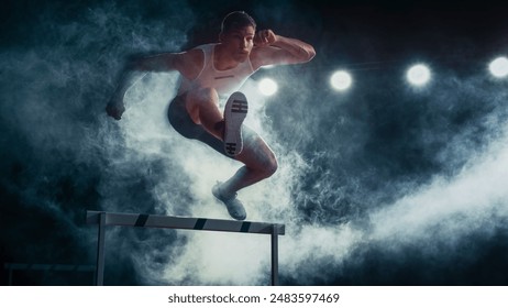 Male Super Athlete Runner in Mid-leap Over Hurdle, Captured in Dramatic Lighting and Smoke. Intense Focus, Agility, and Strength in High-energy Track and Field Event. - Powered by Shutterstock