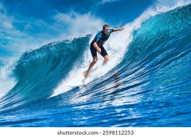 Male surfer on a blue wave at sunny day