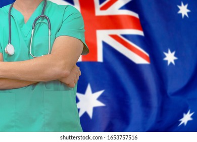 Male Surgeon Or Doctor With Stethoscope On The Background Of The Australia Flag. Health Care And Medical Concept. Surgery Concept In Australia.