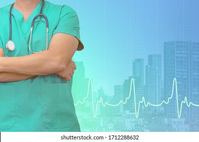 Male Surgeon With Stethoscope On Ecg Line Medical Blue City Background. Doctor Against A Blue EKG Grid Background With Copy Space. Health Care Banner.