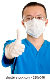 Male Surgeon With Thumbs Up Over A White Background