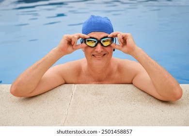 Male swimmer is adjusting his swimming goggles in a swimming pool - Powered by Shutterstock