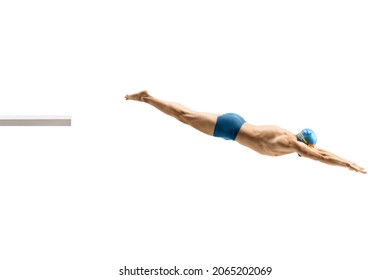 Male Swimmer Jumping From A Starting Block Isolated On White Background