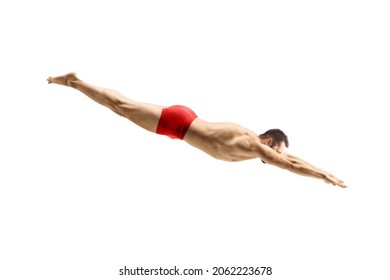 Male swimmer in a red swimsuit jumping to dive isolated on white background