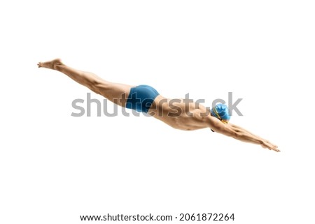Male swimmer with swimsuit and cap jumping into water isolated on white background