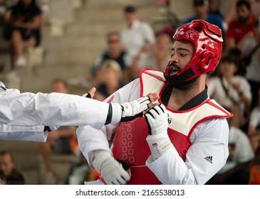 Male Taekwondo Fighter Close Up During Match. World Taekwondo Championship, Rome, Italy, June 4 2022