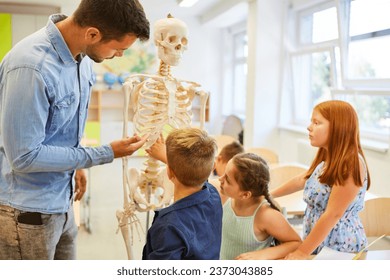 Male teacher explaining human skeleton to elementary students in classroom