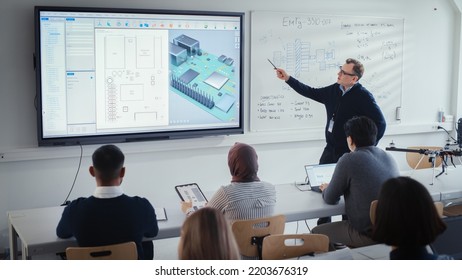 Male Teacher Explains About Computer Motherboard Components to Students During Lesson at University. Using Interactive Whiteboard. 3D Modelling of Circuit Board for Equipment Concept. - Powered by Shutterstock