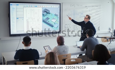 Male Teacher Explains About Computer Motherboard Components to Students During Lesson at University. Using Interactive Whiteboard. 3D Modelling of Circuit Board for Equipment Concept.