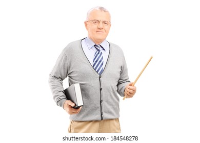 Male teacher holding stick and a book isolated on white background