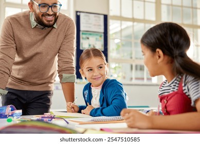 Male teacher listening to primary students while studying in classroom. Happy smilng cute little girl talking with her classmate in classroom. Schoolgirls talking to each others to solve the test. - Powered by Shutterstock