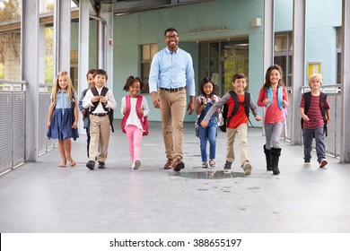 Male teacher walking in corridor with elementary school kids