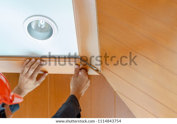 Male Technician Checking Repair Ceiling Wooden Stock Photo Edit