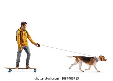 Male teenager riding a skateboard with a beagle dog on a lead isolated on white background