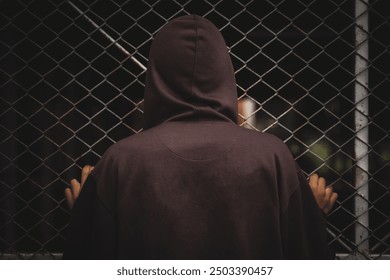 male teenager wearing a brown hoodie stood facing a steel mesh fence. Both hands cling to the fence, showing the back.                                - Powered by Shutterstock