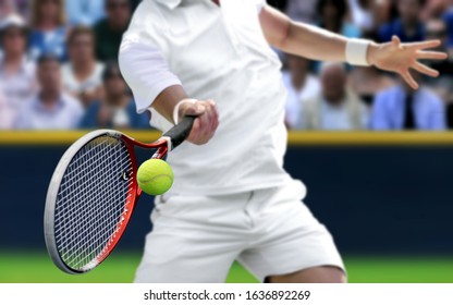 Male Tennis Player With Forehand  Racquet Swing Hitting Ball