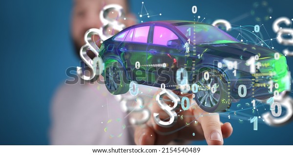 A male touching a 3D rendered\
hologram of a car with Dollar signs with blue\
background