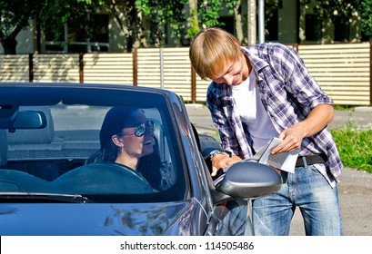 Male Tourist Asking Female Driver About Direction