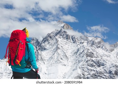 Male tourist hiker on Himalayan trek in the Kailash mountain at Kaza Himachal Pradesh, India