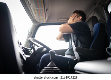 Male truck driver is crying
