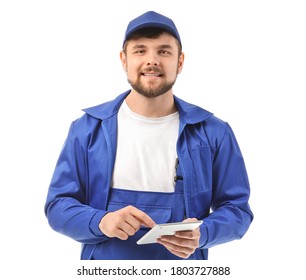 Male Truck Driver With Tablet Computer On White Background