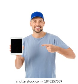 Male truck driver with tablet computer on white background - Shutterstock ID 1843257589
