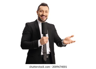 Male Tv Host Smiling And Holding A Microphone Isolated On White Background