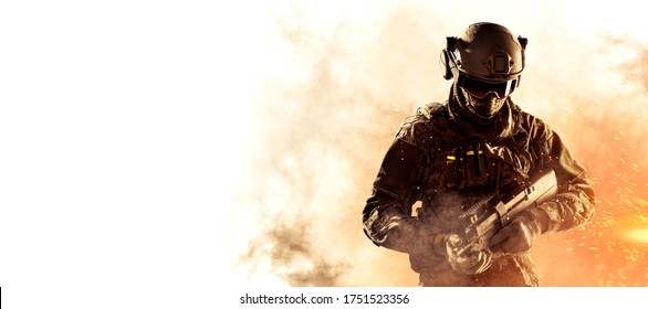 Male in uniform of Tactical Units of Police with weapon. Shot in studio. Explosion, smoke and fire sparks on white background (copy space, poster design, flip)