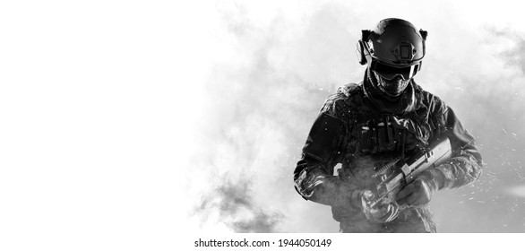 Male in uniform of Tactical Units of Police with weapon. Shot in studio. Explosion, smoke and fire sparks on a black and green background (black and white, poster design, flip)