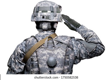 Male in US Army soldier (ISAF) uniform standing with his back and saluting. Shot in studio. Isolated on white background.