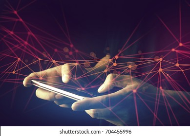 Male Use By Hand And Finger To Mobile Phone Connect To Digital Cyber Social Network, Touch On Screen To Link With System Of Internet For Business, Device Transfer For Big Data Information Online