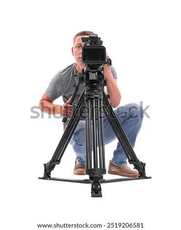 Male videographer with video camera isolated on white background.