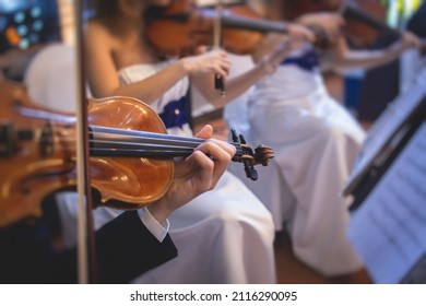 Male Violin Player, Fiddler Violinist With A Bow Performing Music On Stage During Concert With Orchestra And Musical Band In The Background