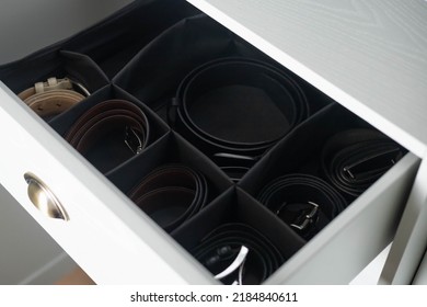 Male Wardrobe Closet Open Dresser Drawer Leather Fashion Belt Storage Organizing Stylish Accessories Neatly Folded. Minimalist Dressroom Assorted Convenient Container Box Keeping Method