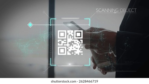 Male wearing dark suit scanning smartphone screen in modern office space, with qr code overlay. technology, innovation, digital, futuristic, corporate, interface, analytics