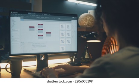 Male Web Designer Using Personal Computer For Creating Website In Professional Constructor While Working On Project Remotely At Home. Freelance