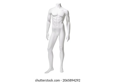 Male White Plastic Glossy Standing Mannequin Doll For Clothes Isolated On White Background. 3d Human Body Model. Decor Showcases Fashion Store. Vector 3d Realistic Illustration Front View