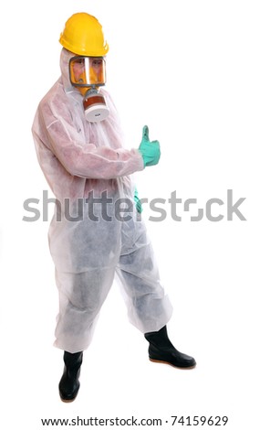 Male worker in bio-hazard suit on white background.
