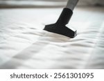 Male worker cleans a mattress with professional vacuum cleaner. Mattress chemical cleaning.