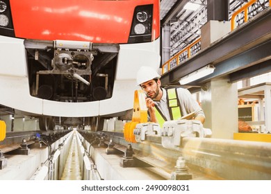 Male worker engineer standing diligently recording data tablet in front of electric locomotive at modern maintenance station preventative quality inspection rail system equipment safety before use. - Powered by Shutterstock