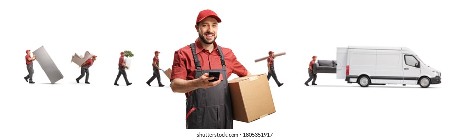 Male Worker Holding A Mobile Phone And Movers Putting Household Items In A White Van Isolated On White Background