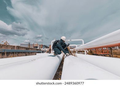 Male worker inspection and measurement thickness pipeline oil and gas at check record pipeline oil. - Powered by Shutterstock