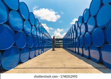 Male Worker Inspection Record Drum Oil Stock Barrels Blue Horizontal Or Chemical For In Industry