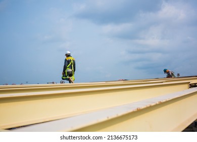 Male Worker Inspection Safety First Harness And Safety Lone Working At High Beam Tank Roof Oil Industry.