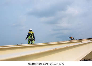 Male Worker Inspection Safety First Harness And Safety Lone Working At High Beam Tank Roof Oil Industry.