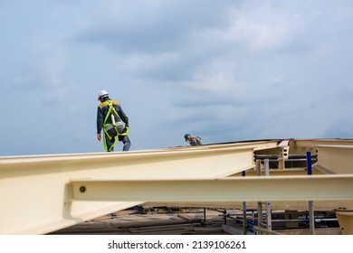 Male Worker Inspection Safety First Harness And Safety Lone Working At High Beam Tank Roof Oil Industry.